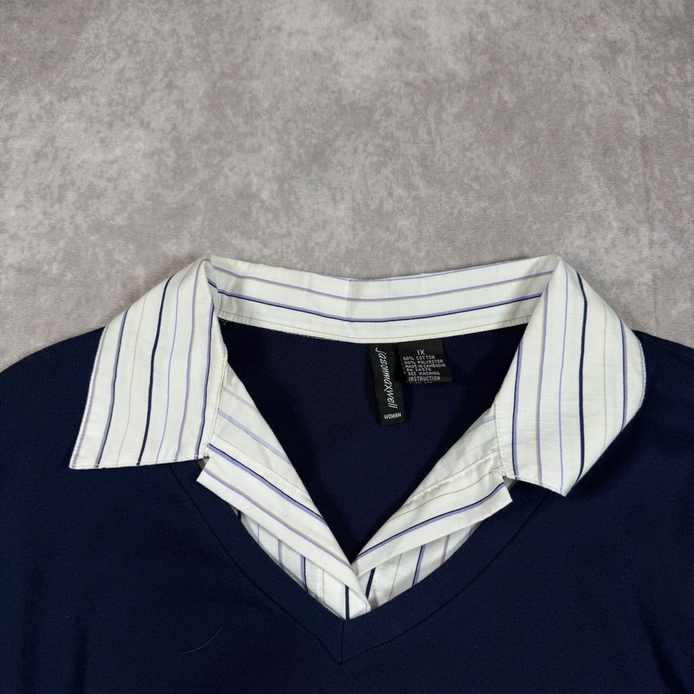 Jason Maxwell Womens Navy Blue Layered Look V-Neck Top Striped Collar 1X Preppy - Picture 3 of 6
